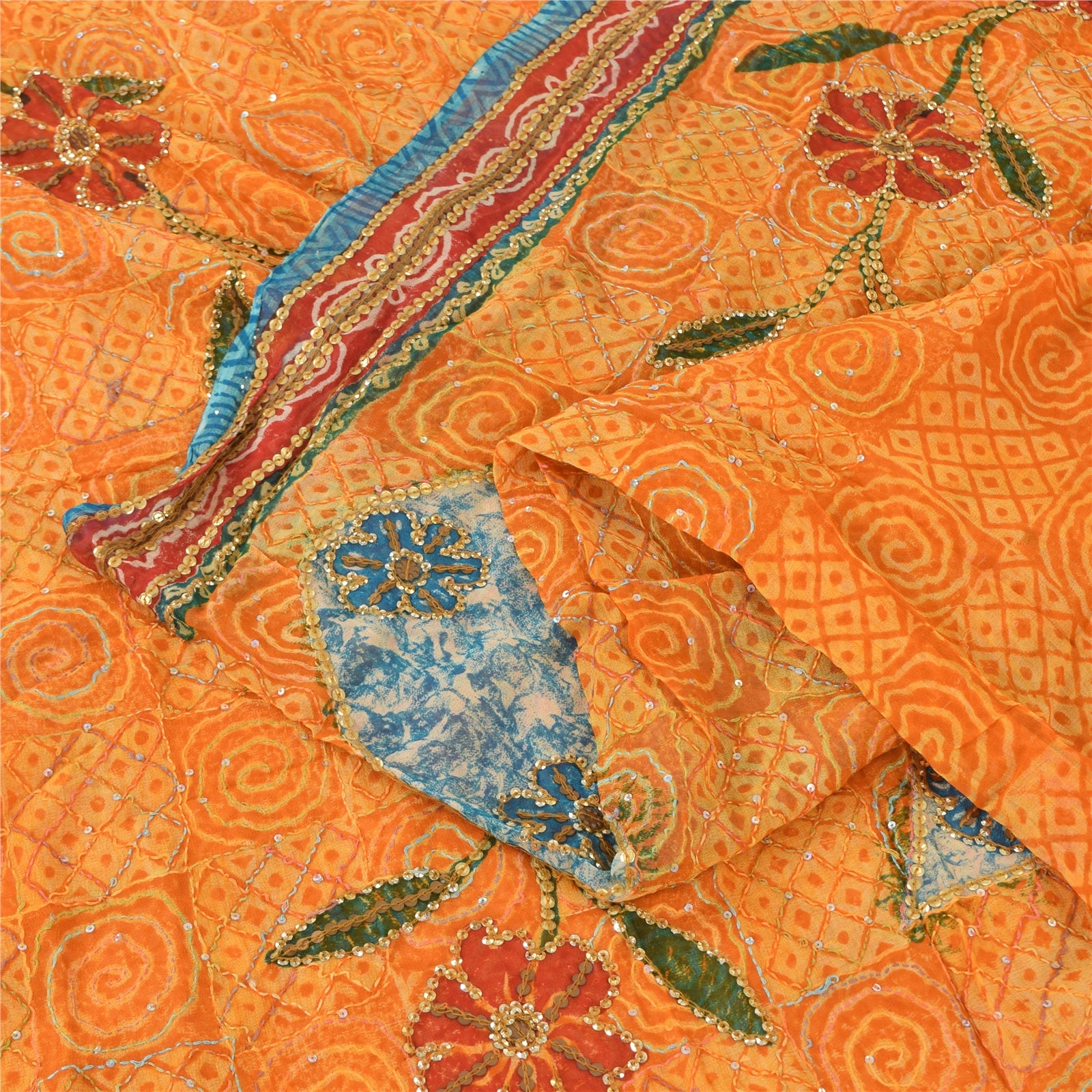 Sanskriti Vintage Yellow Saree Pure Georgette Hand Beaded Kantha Sari 5yd Fabric