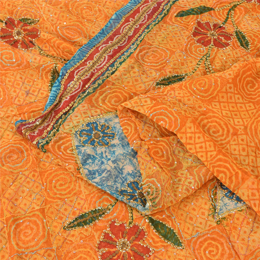 Sanskriti Vintage Yellow Saree Pure Georgette Hand Beaded Kantha Sari 5yd Fabric