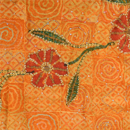 Sanskriti Vintage Yellow Saree Pure Georgette Hand Beaded Kantha Sari 5yd Fabric