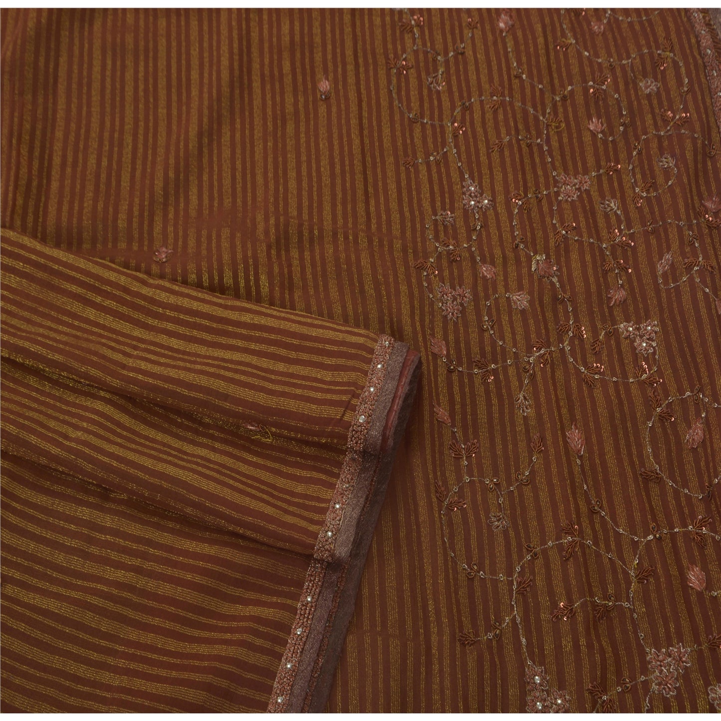 Sanskriti Vintage Brown Sarees Blend Georgette Hand Beaded Craft Fabric Sari