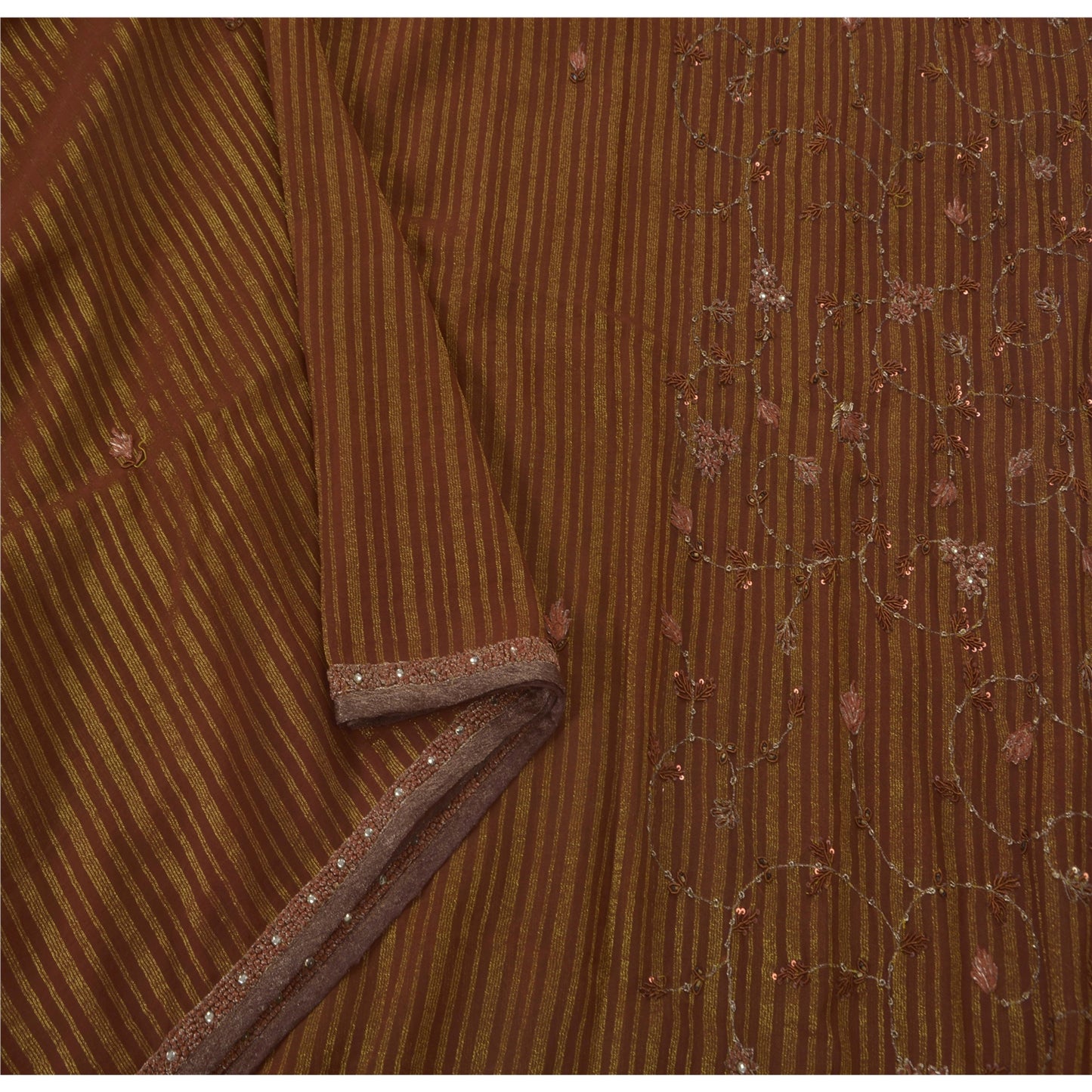 Sanskriti Vintage Brown Sarees Blend Georgette Hand Beaded Craft Fabric Sari