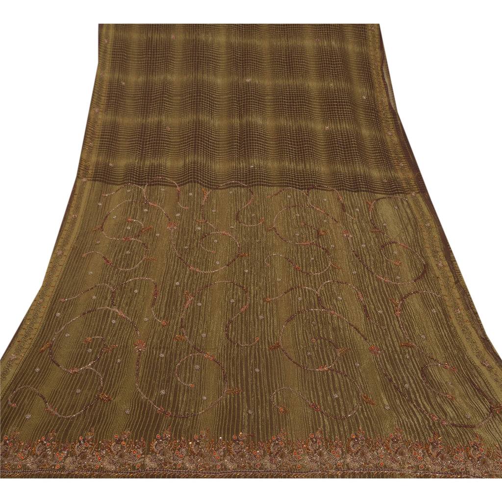 Sanskriti Vintage Brown Sarees Georgette Hand Beaded Woven Fabric Premium Sari