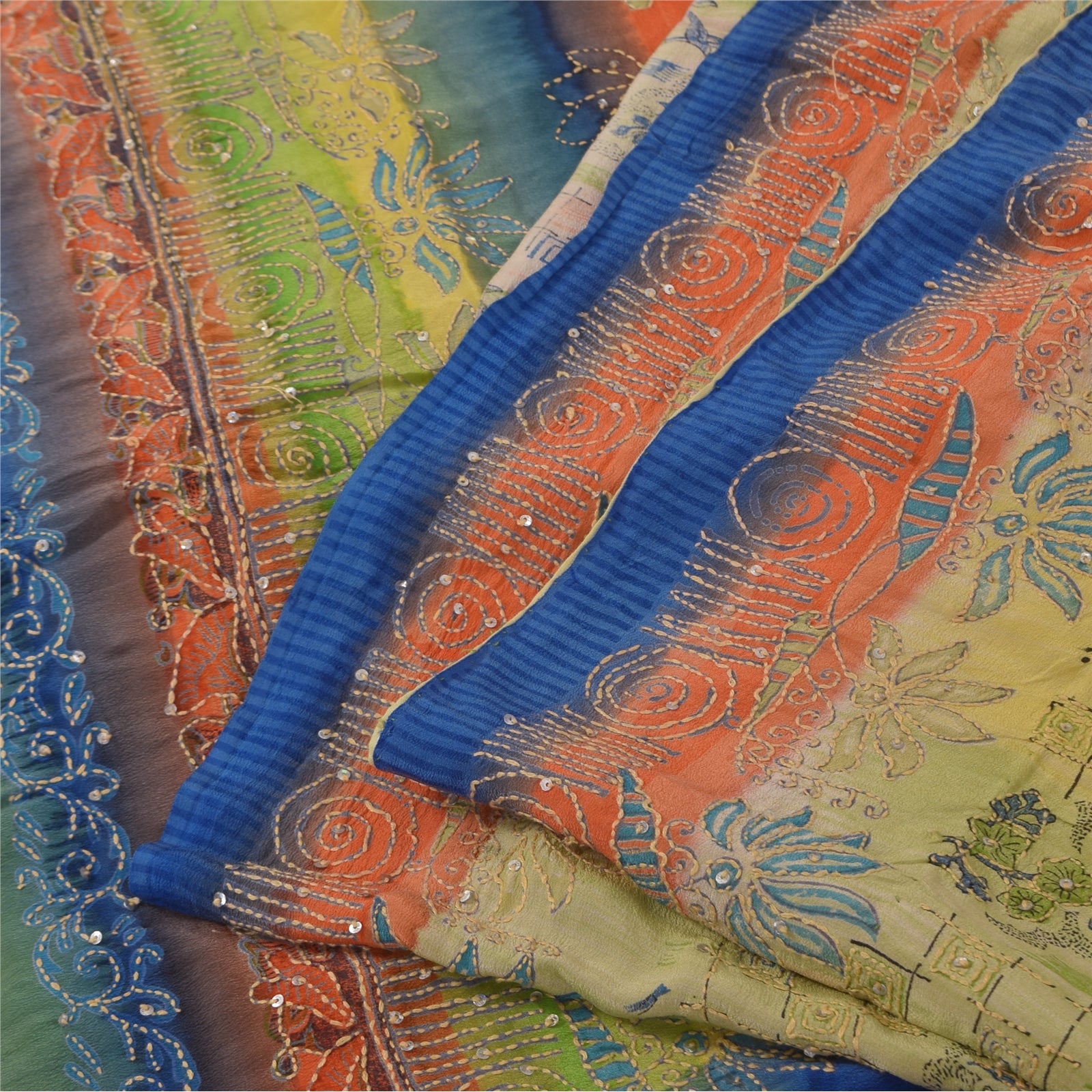 Sanskriti Vintage Sarees Pure Crepe Silk Hand Embroidered Fabric Kantha Sari