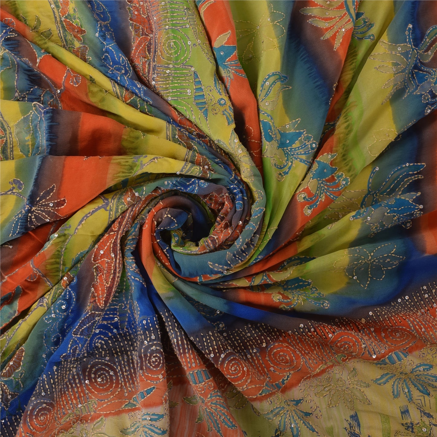 Sanskriti Vintage Sarees Pure Crepe Silk Hand Embroidered Fabric Kantha Sari