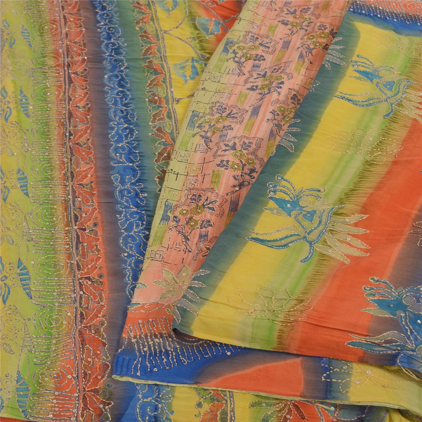 Sanskriti Vintage Sarees Pure Crepe Silk Hand Embroidered Fabric Kantha Sari