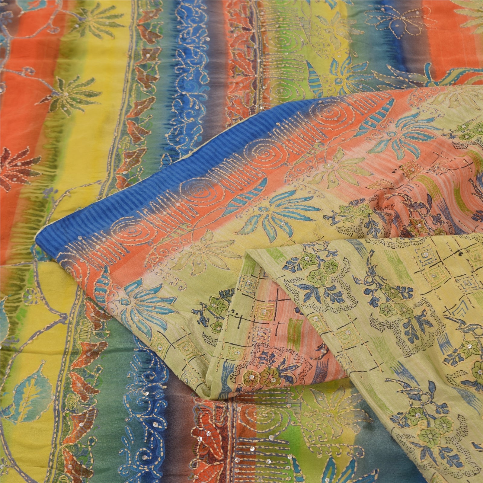 Sanskriti Vintage Sarees Pure Crepe Silk Hand Embroidered Fabric Kantha Sari