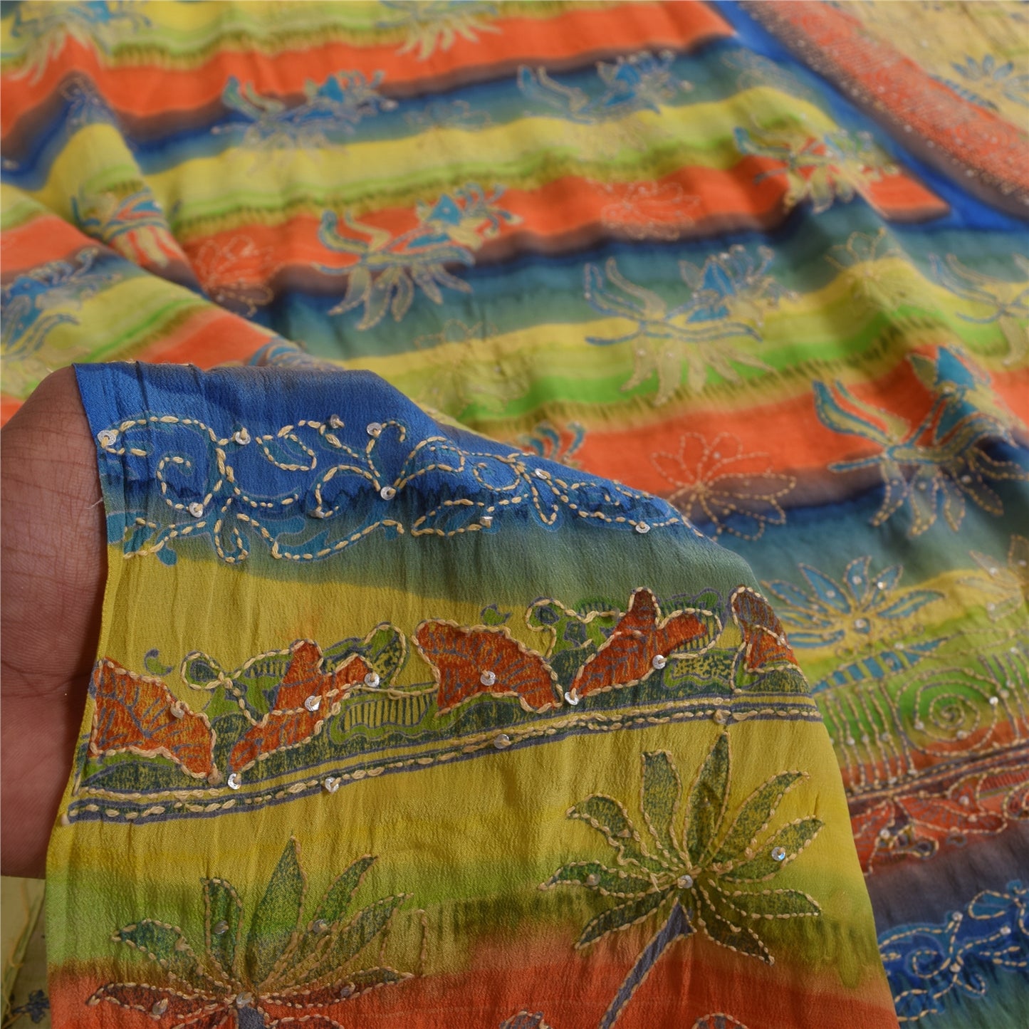 Sanskriti Vintage Sarees Pure Crepe Silk Hand Embroidered Fabric Kantha Sari