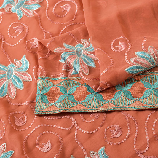 Sanskriti Vintage Peach Georgette Sarees Embroidered DecorSari 6 YD Craft Fabric