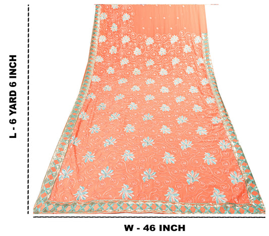 Sanskriti Vintage Peach Georgette Sarees Embroidered DecorSari 6 YD Craft Fabric
