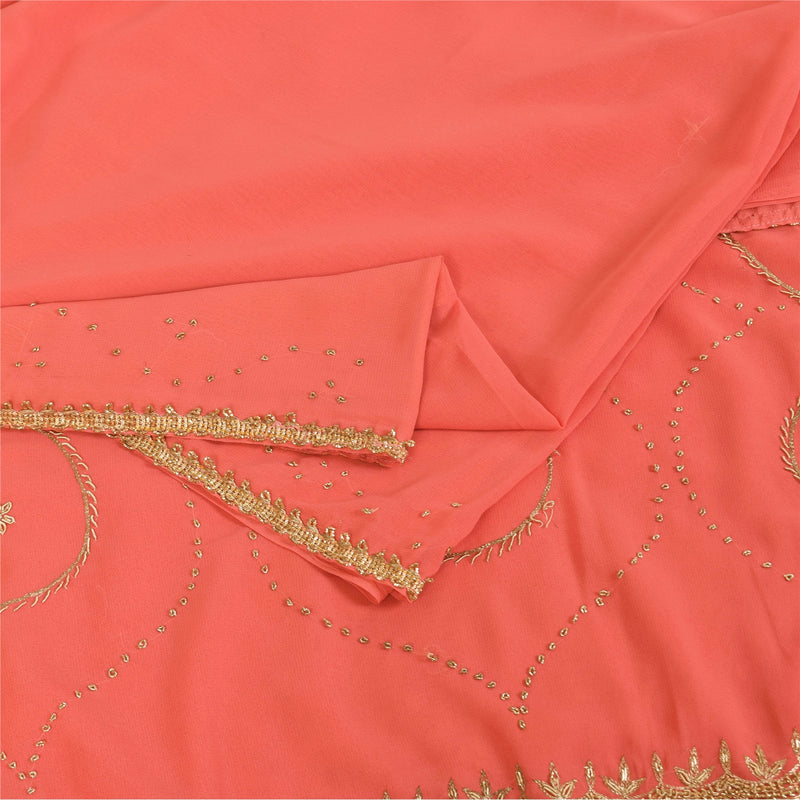 Sanskriti Vintage Peach Sarees Georgette Hand Beaded Premium Sari Craft Fabric