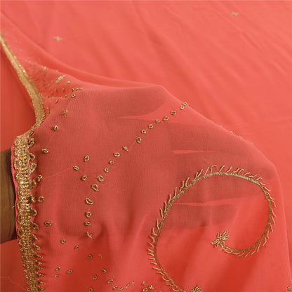 Sanskriti Vintage Peach Sarees Georgette Hand Beaded Premium Sari Craft Fabric