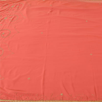 Sanskriti Vintage Peach Sarees Georgette Hand Beaded Premium Sari Craft Fabric