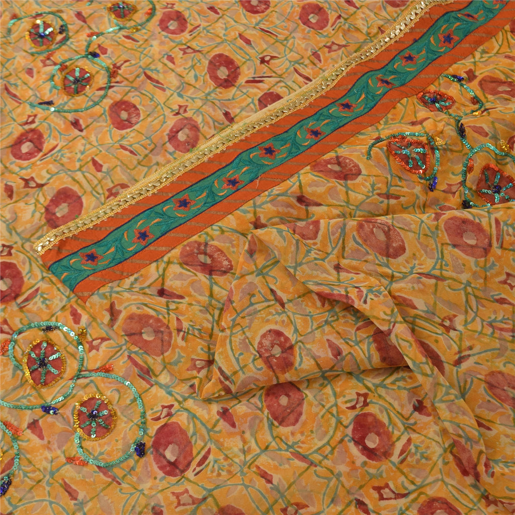 Sanskriti Vintage Yellow Sarees Pure Georgette Silk Hand Beaded Sari 6yrd Fabric