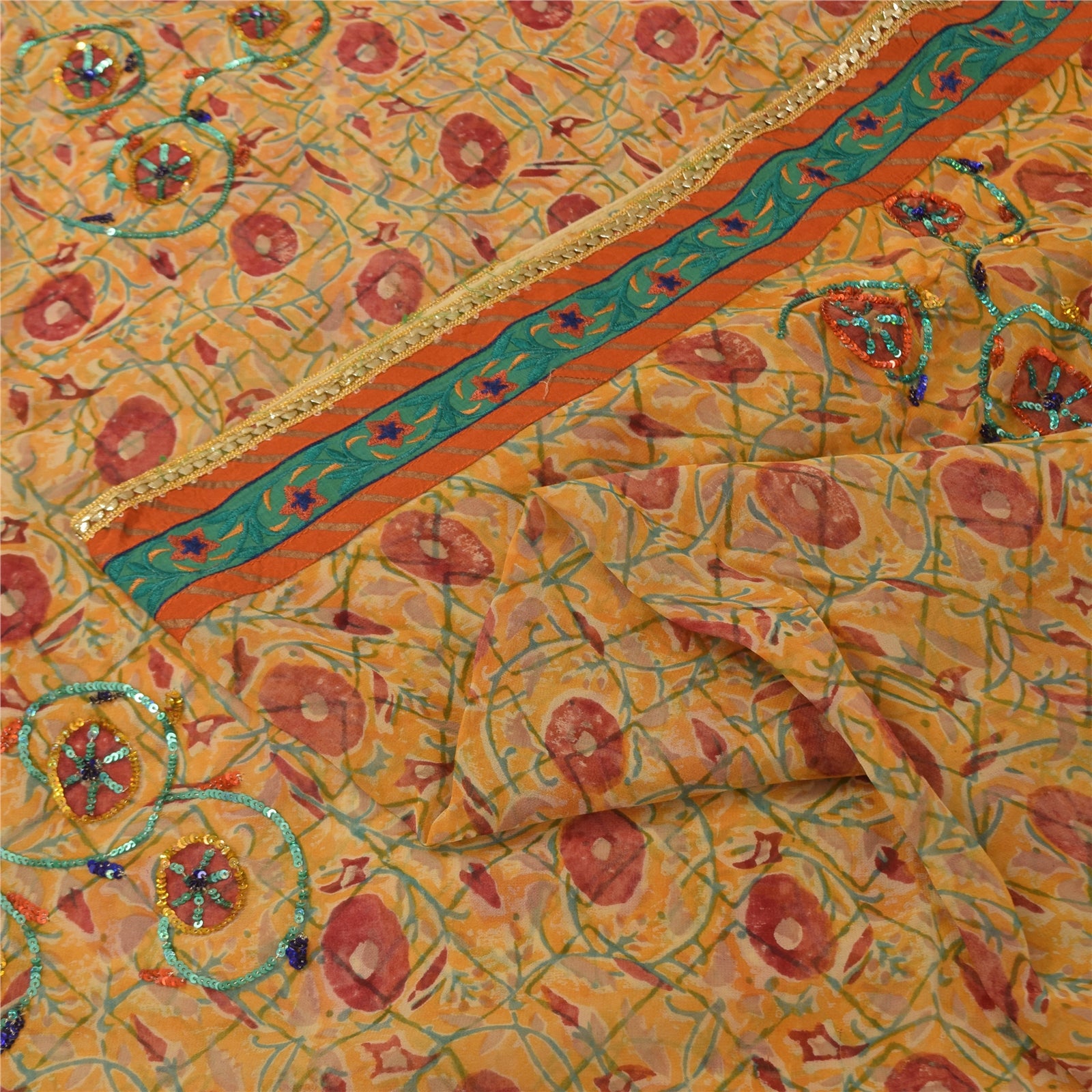 Sanskriti Vintage Yellow Sarees Pure Georgette Silk Hand Beaded Sari 6yrd Fabric