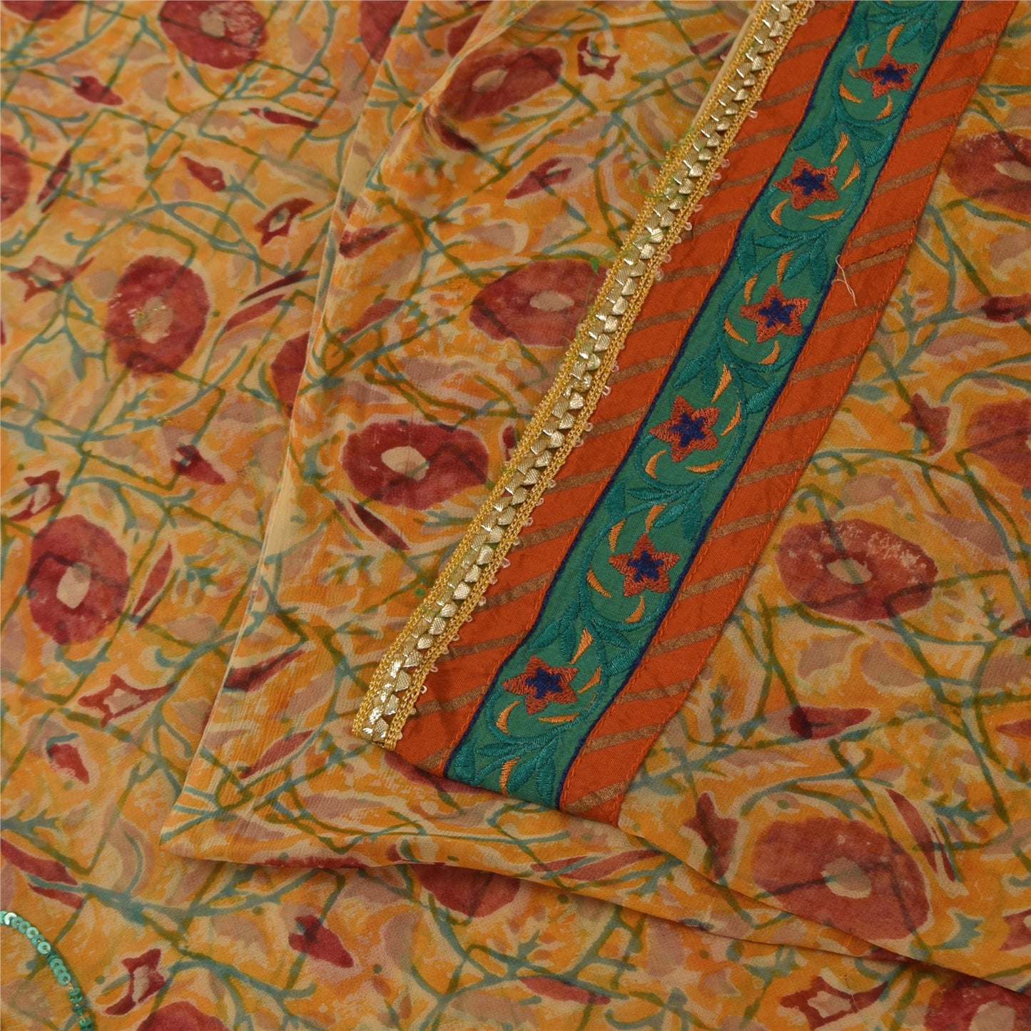 Sanskriti Vintage Yellow Sarees Pure Georgette Silk Hand Beaded Sari 6yrd Fabric