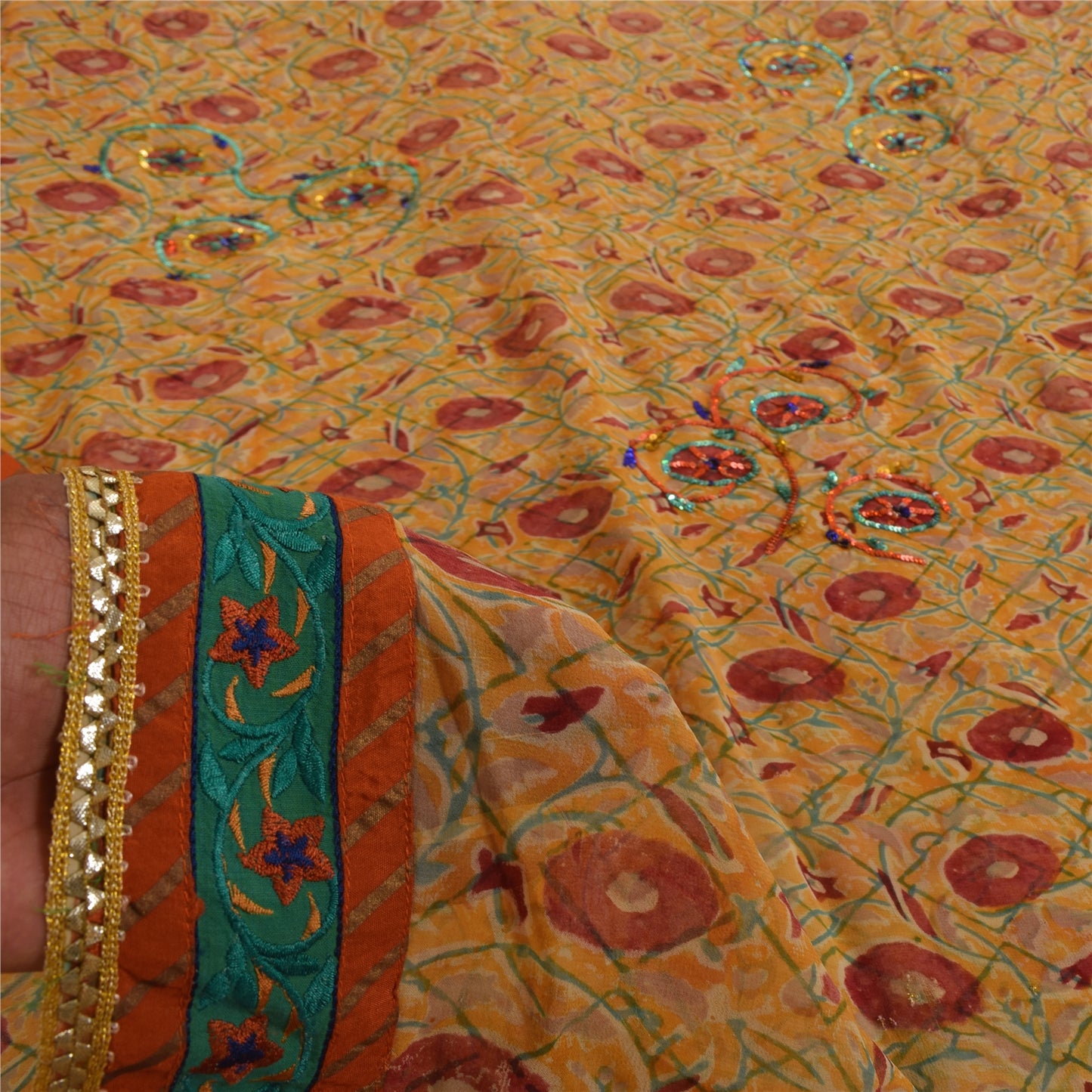 Sanskriti Vintage Yellow Sarees Pure Georgette Silk Hand Beaded Sari 6yrd Fabric