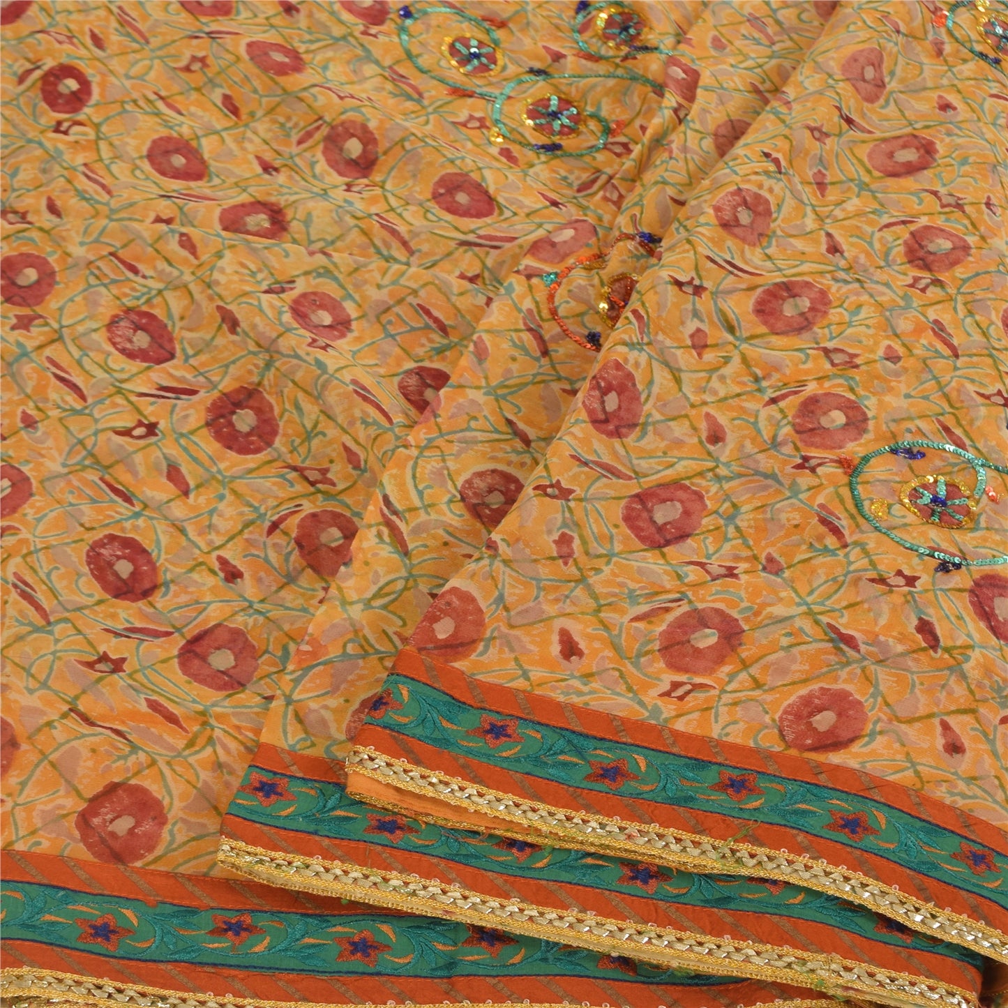 Sanskriti Vintage Yellow Sarees Pure Georgette Silk Hand Beaded Sari 6yrd Fabric
