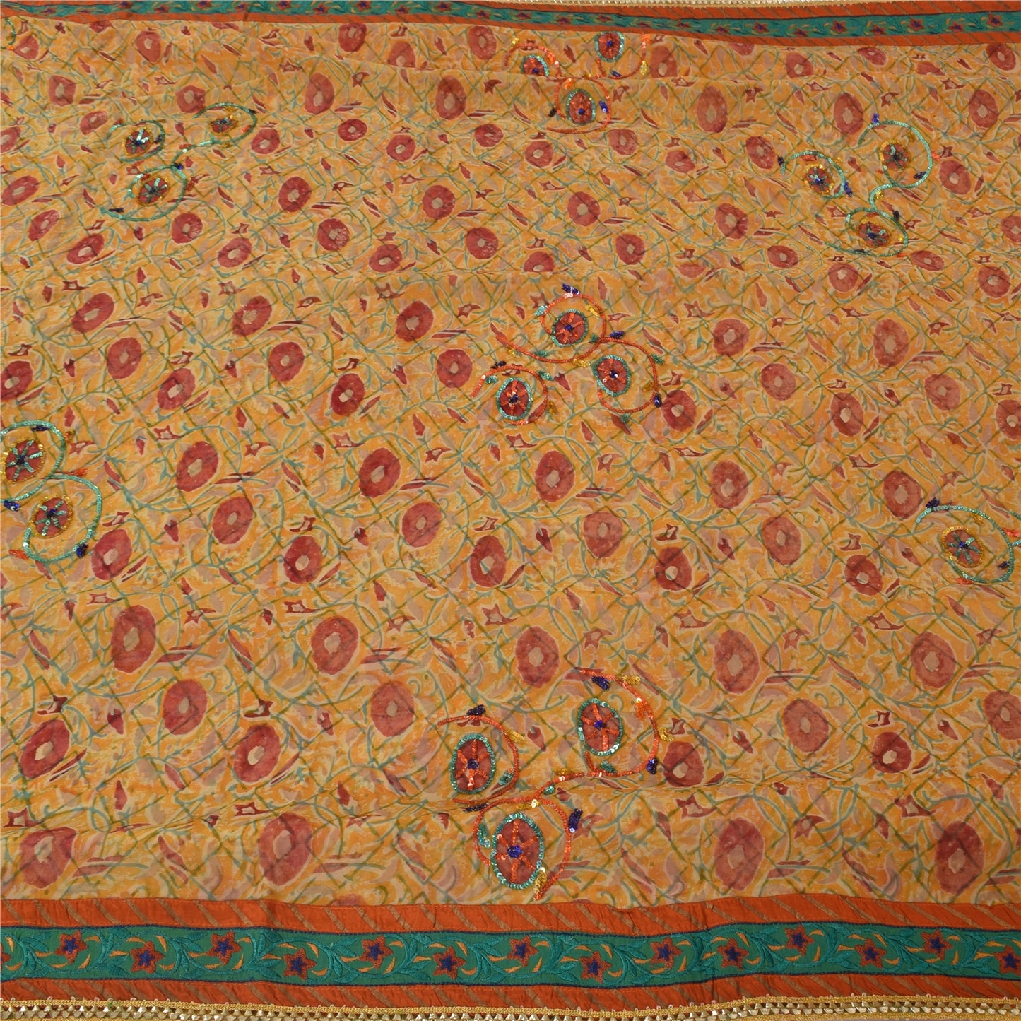 Sanskriti Vintage Yellow Sarees Pure Georgette Silk Hand Beaded Sari 6yrd Fabric