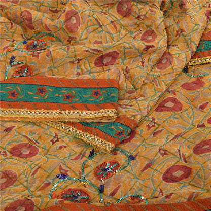 Sanskriti Vintage Yellow Sarees Pure Georgette Silk Hand Beaded Sari 6yrd Fabric