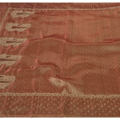 Sanskrit Vintage Dark Red Saree Tissue Hand Beaded Woven Craft Fabric Sari Zari