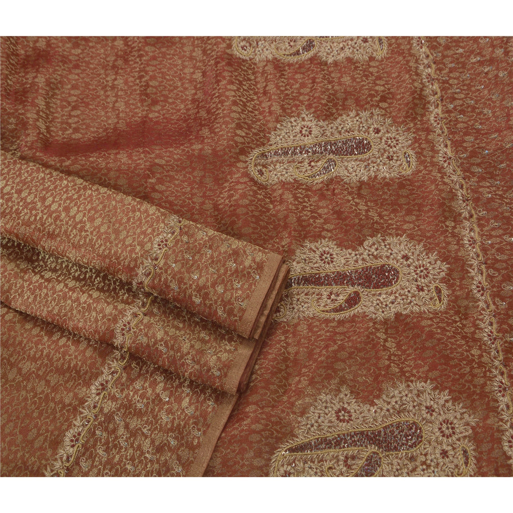 Sanskrit Vintage Dark Red Saree Tissue Hand Beaded Woven Craft Fabric Sari Zari
