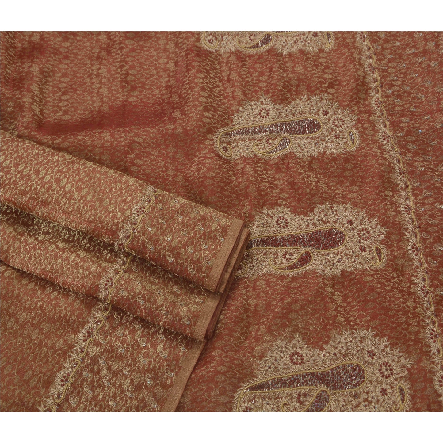 Sanskrit Vintage Dark Red Saree Tissue Hand Beaded Woven Craft Fabric Sari Zari