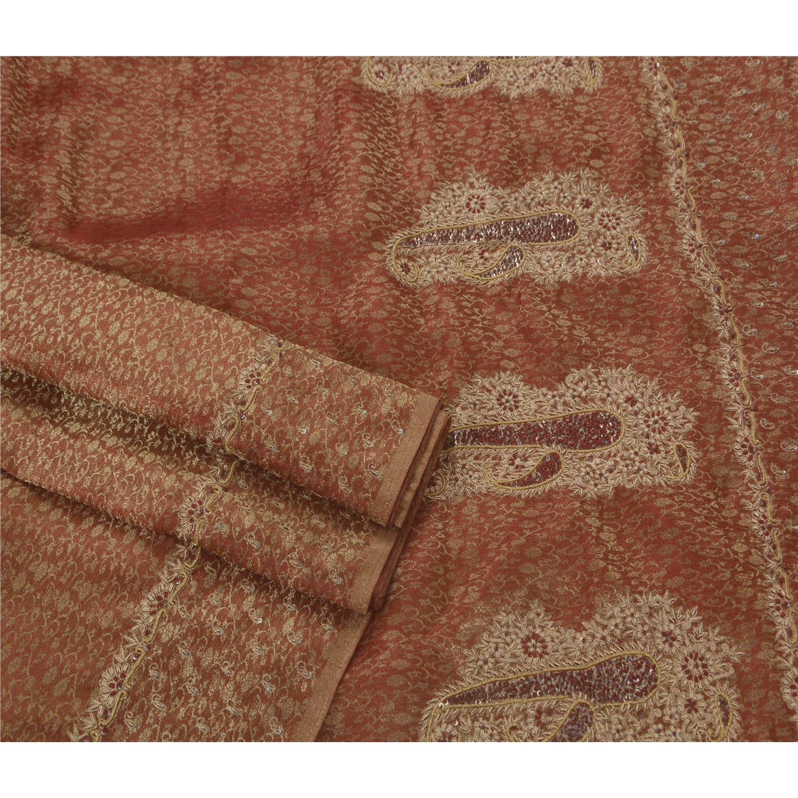 Sanskrit Vintage Dark Red Saree Tissue Hand Beaded Woven Craft Fabric Sari Zari