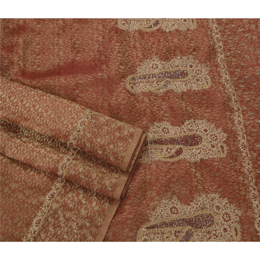 Sanskrit Vintage Dark Red Saree Tissue Hand Beaded Woven Craft Fabric Sari Zari