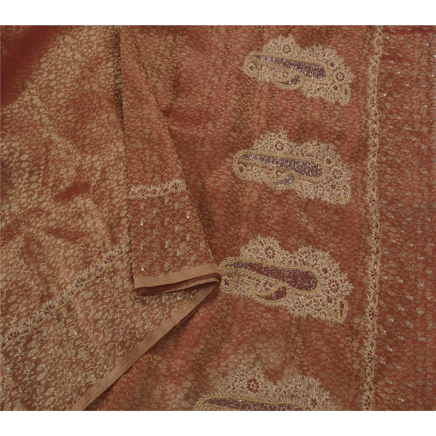 Sanskrit Vintage Dark Red Saree Tissue Hand Beaded Woven Craft Fabric Sari Zari