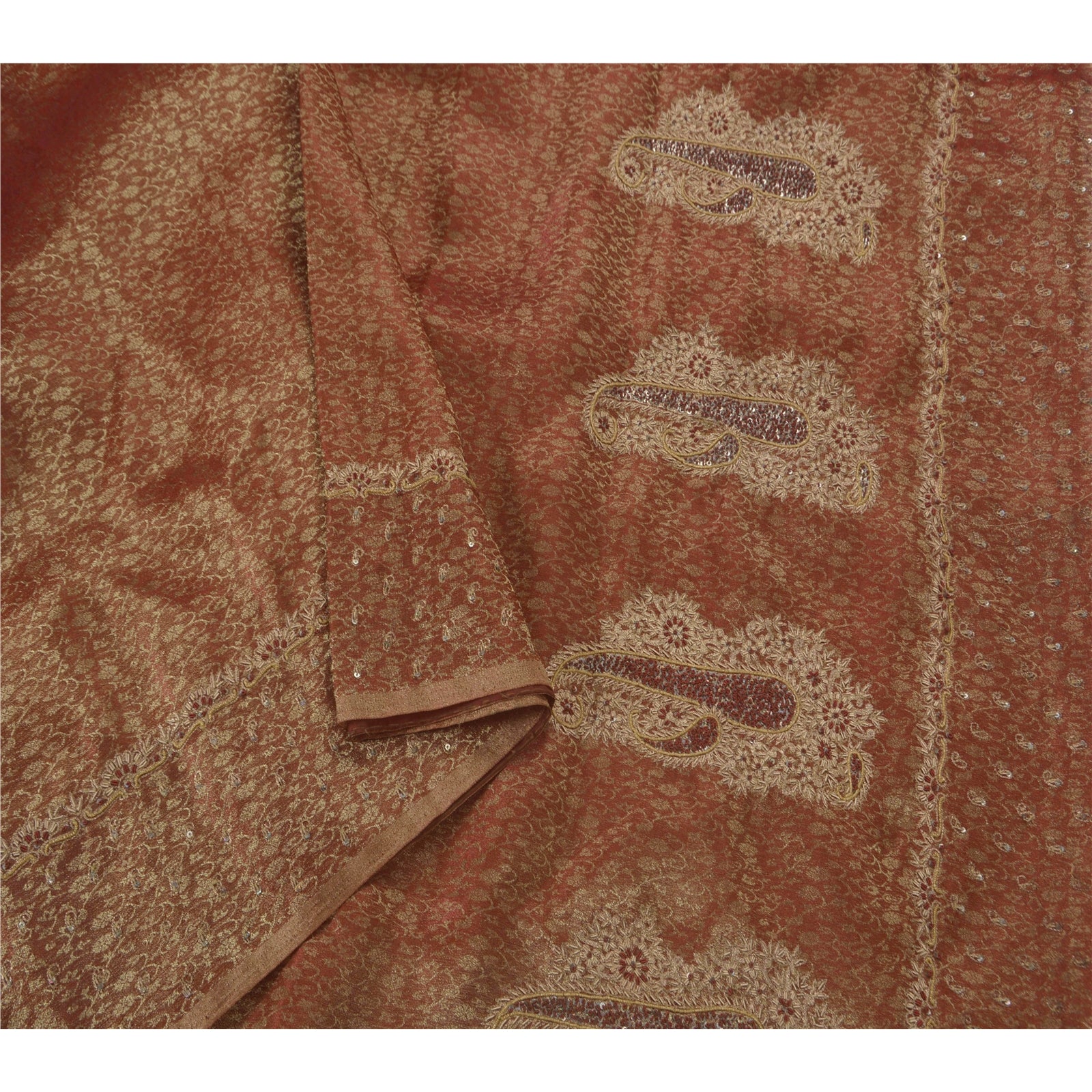 Sanskrit Vintage Dark Red Saree Tissue Hand Beaded Woven Craft Fabric Sari Zari