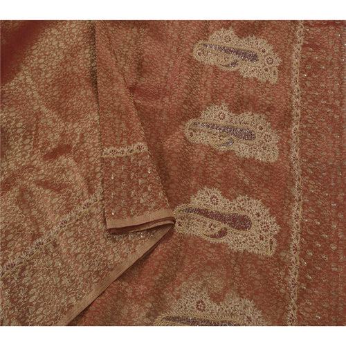 Sanskrit Vintage Dark Red Saree Tissue Hand Beaded Woven Craft Fabric Sari Zari