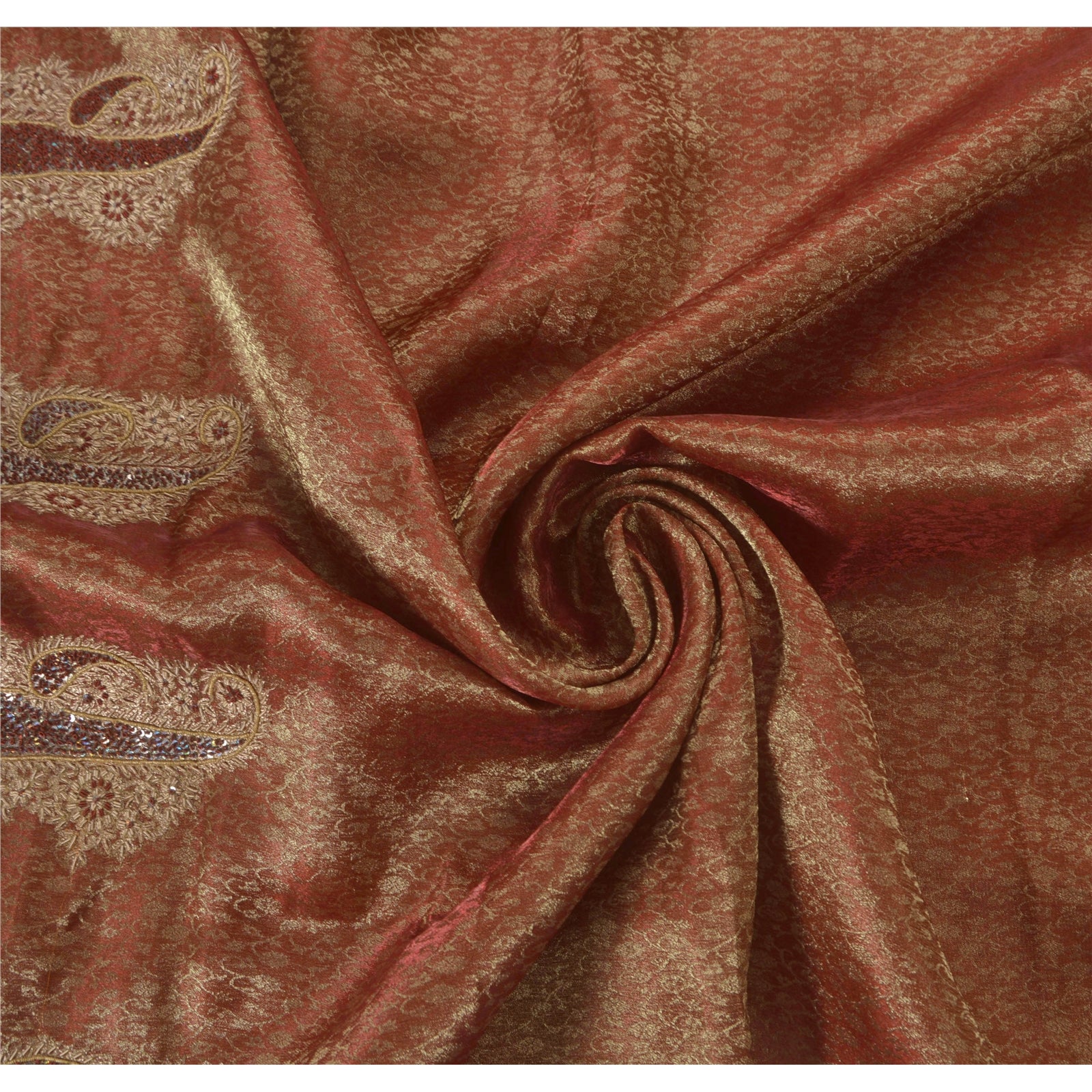 Sanskrit Vintage Dark Red Saree Tissue Hand Beaded Woven Craft Fabric Sari Zari