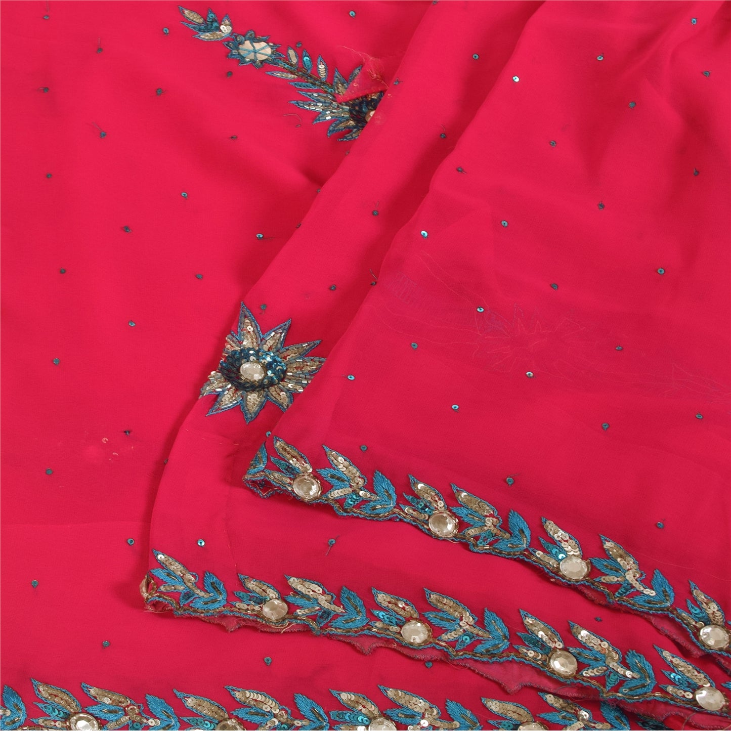 Sanskriti Vintage Pink Sarees Georgette Hand Beaded Craft Fabric 5 YD Sari