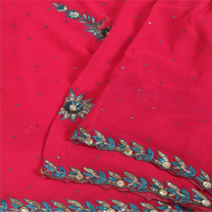 Sanskriti Vintage Pink Sarees Georgette Hand Beaded Craft Fabric 5 YD Sari