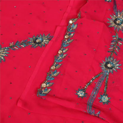 Sanskriti Vintage Pink Sarees Georgette Hand Beaded Craft Fabric 5 YD Sari