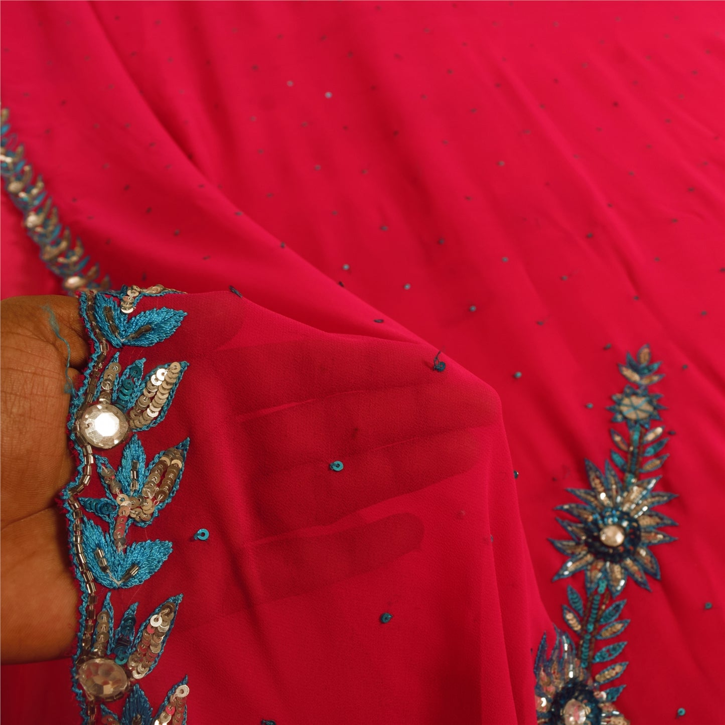 Sanskriti Vintage Pink Sarees Georgette Hand Beaded Craft Fabric 5 YD Sari