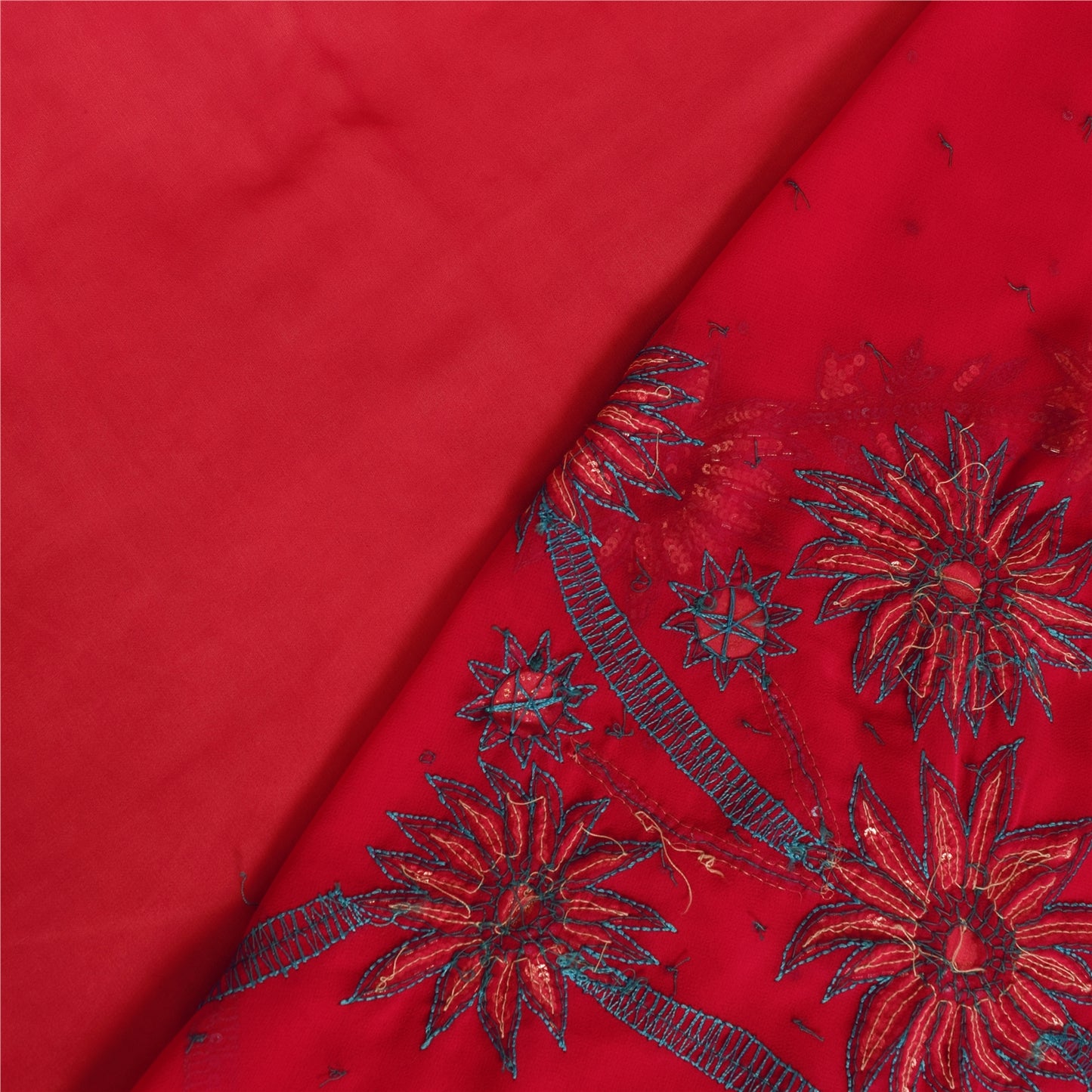 Sanskriti Vintage Pink Sarees Georgette Hand Beaded Craft Fabric 5 YD Sari