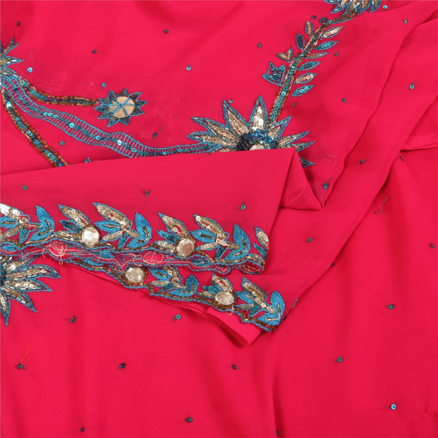 Sanskriti Vintage Pink Sarees Georgette Hand Beaded Craft Fabric 5 YD Sari