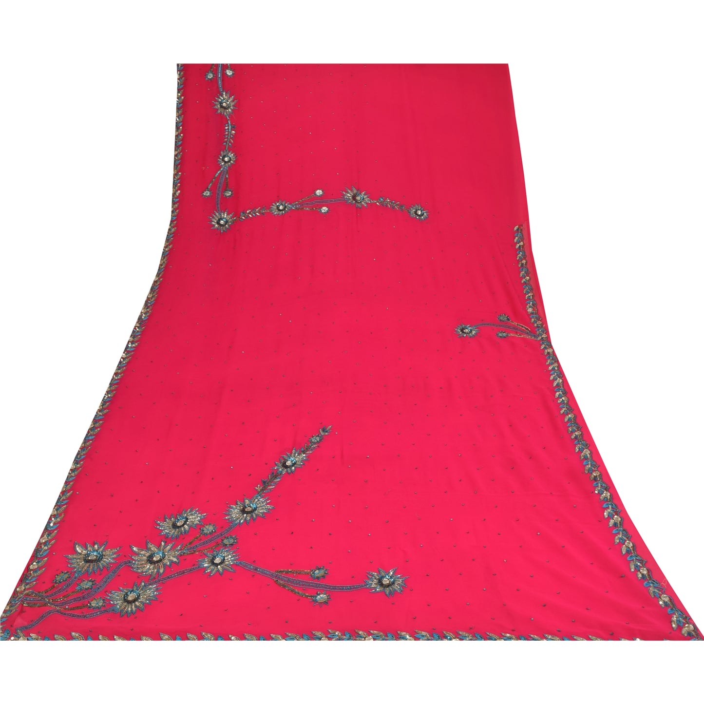 Sanskriti Vintage Pink Sarees Georgette Hand Beaded Craft Fabric 5 YD Sari