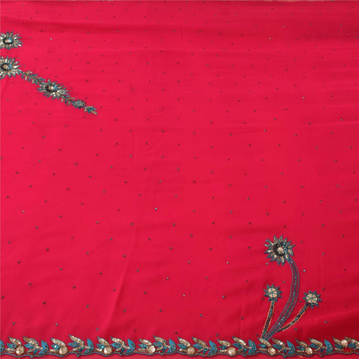 Sanskriti Vintage Pink Sarees Georgette Hand Beaded Craft Fabric 5 YD Sari
