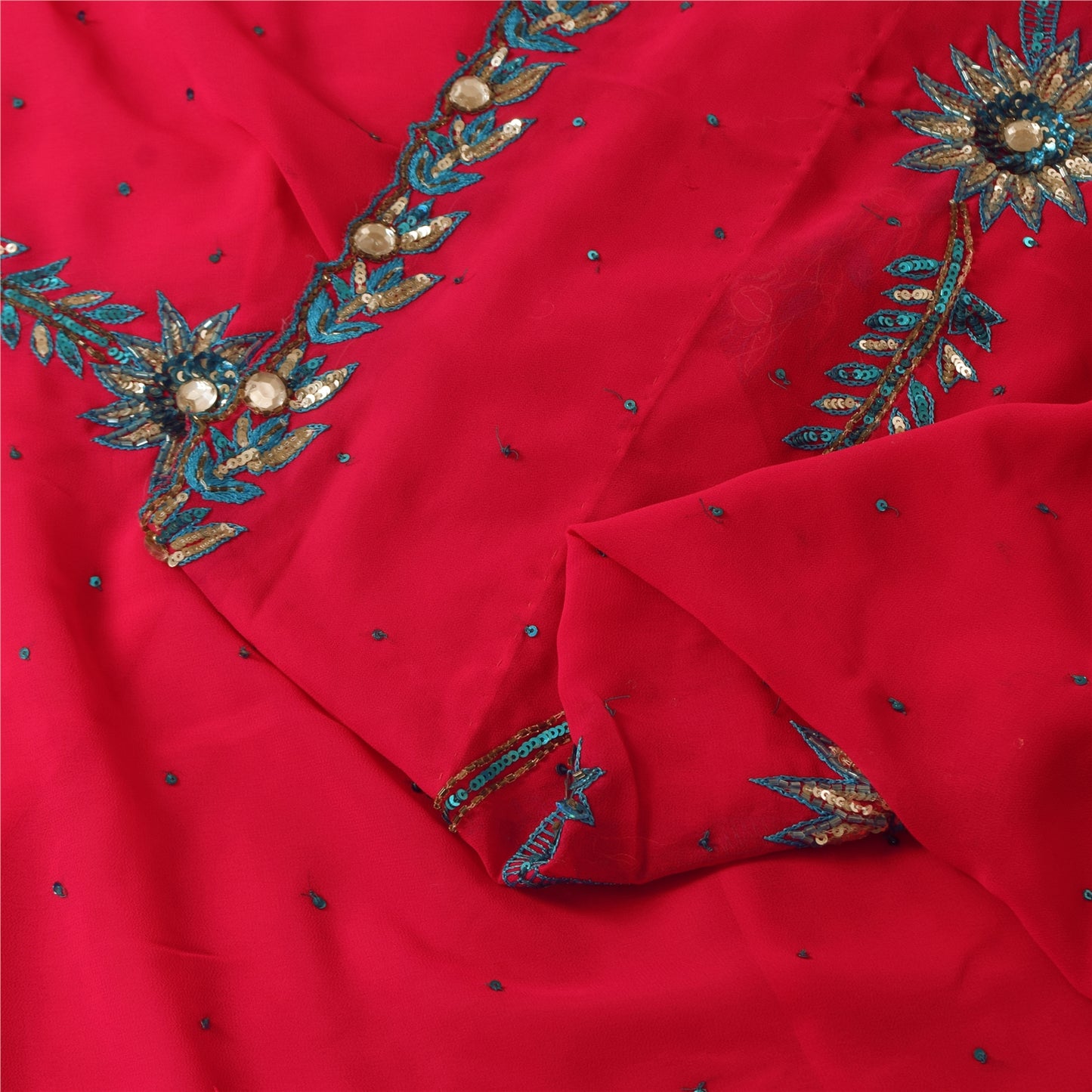 Sanskriti Vintage Pink Sarees Georgette Hand Beaded Craft Fabric 5 YD Sari