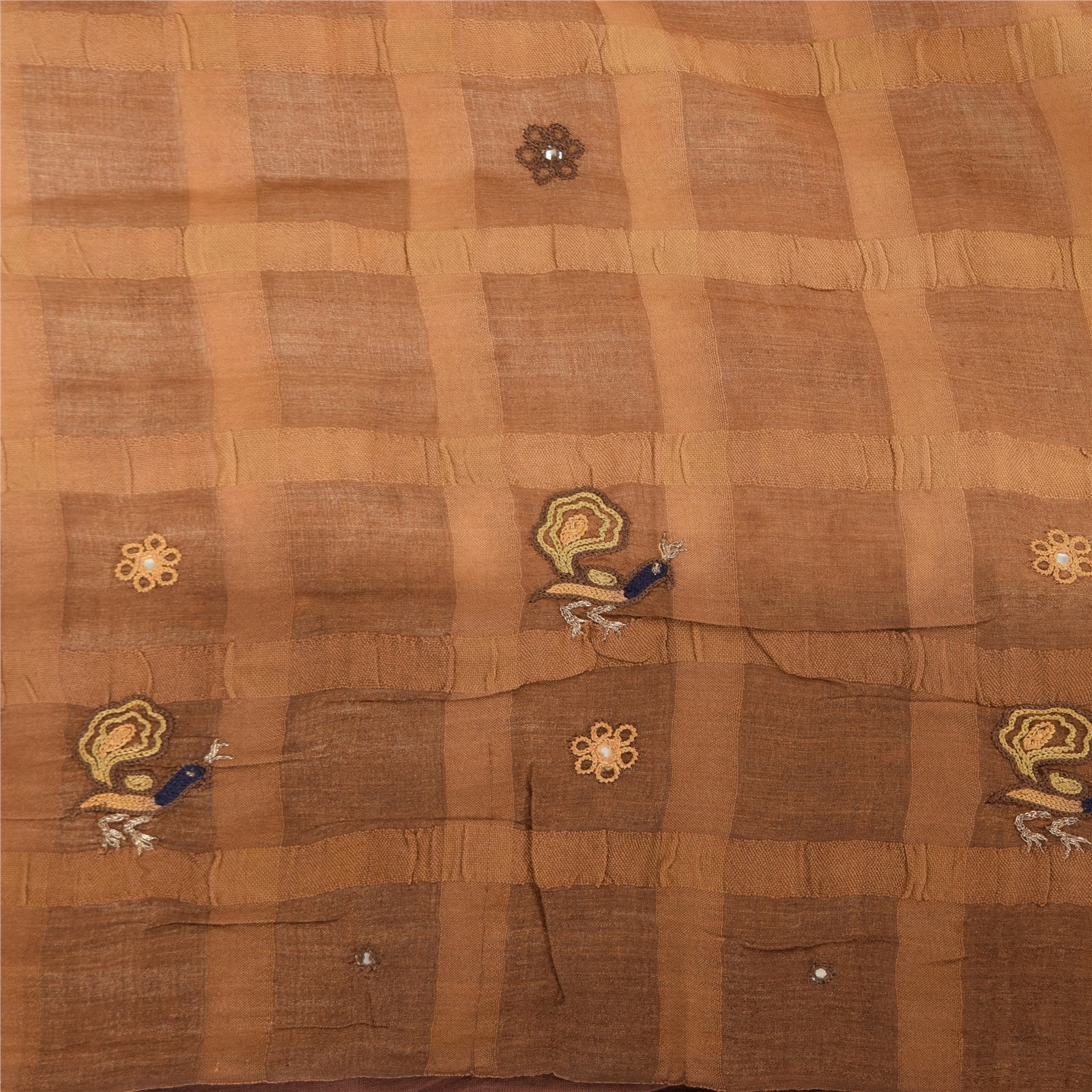 Sanskriti Vintage Indian Brown Sarees Pure Silk Hand Embroidered Sari 5yd Fabric