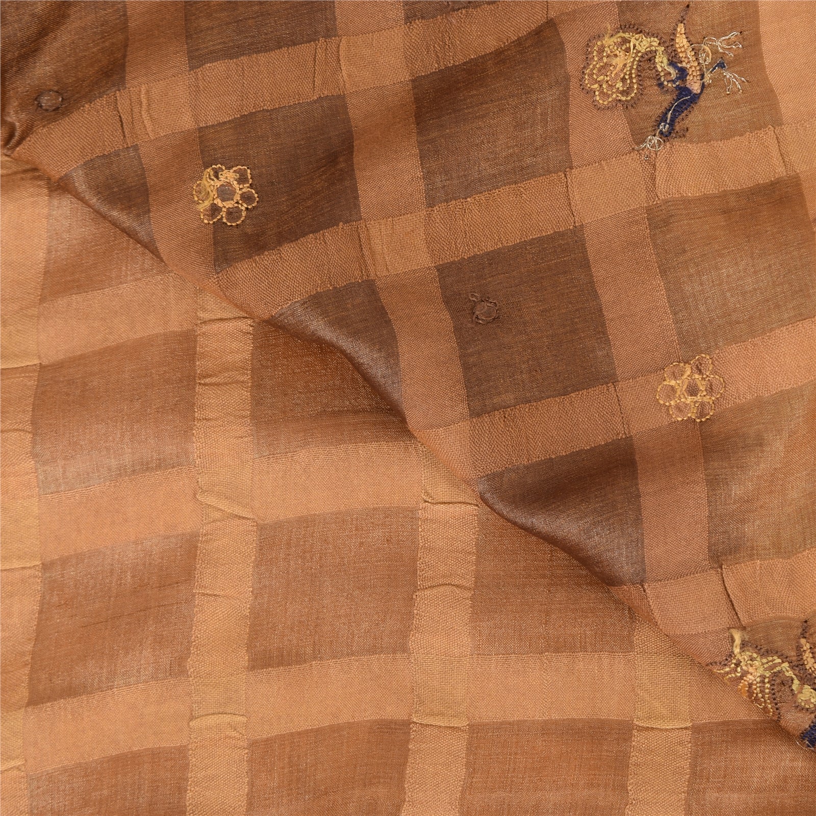 Sanskriti Vintage Indian Brown Sarees Pure Silk Hand Embroidered Sari 5yd Fabric