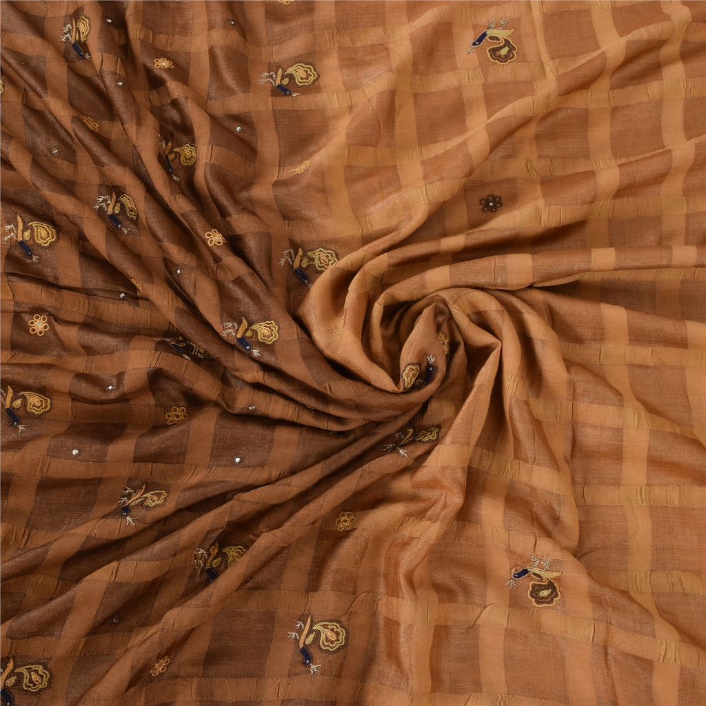 Sanskriti Vintage Indian Brown Sarees Pure Silk Hand Embroidered Sari 5yd Fabric