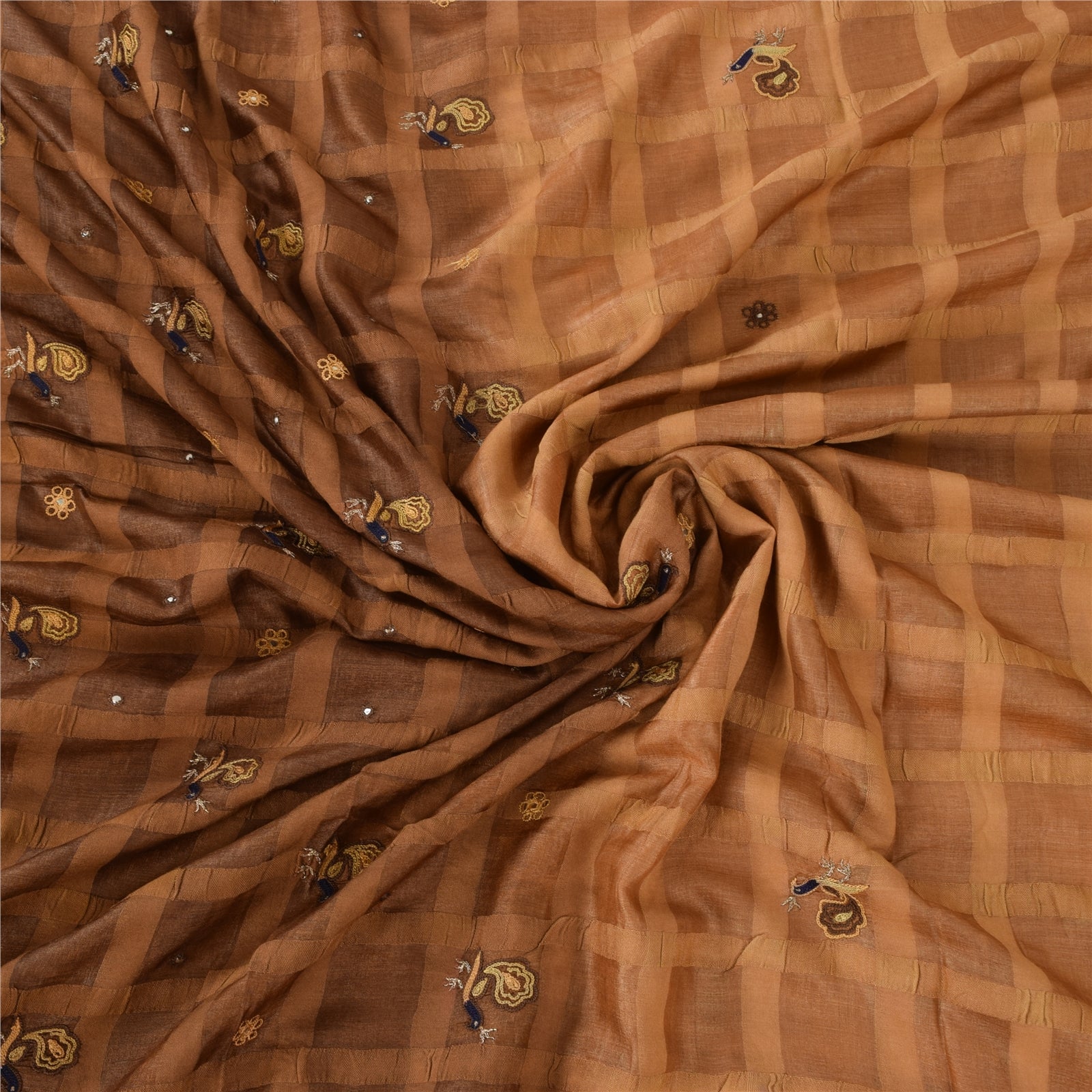 Sanskriti Vintage Indian Brown Sarees Pure Silk Hand Embroidered Sari 5yd Fabric