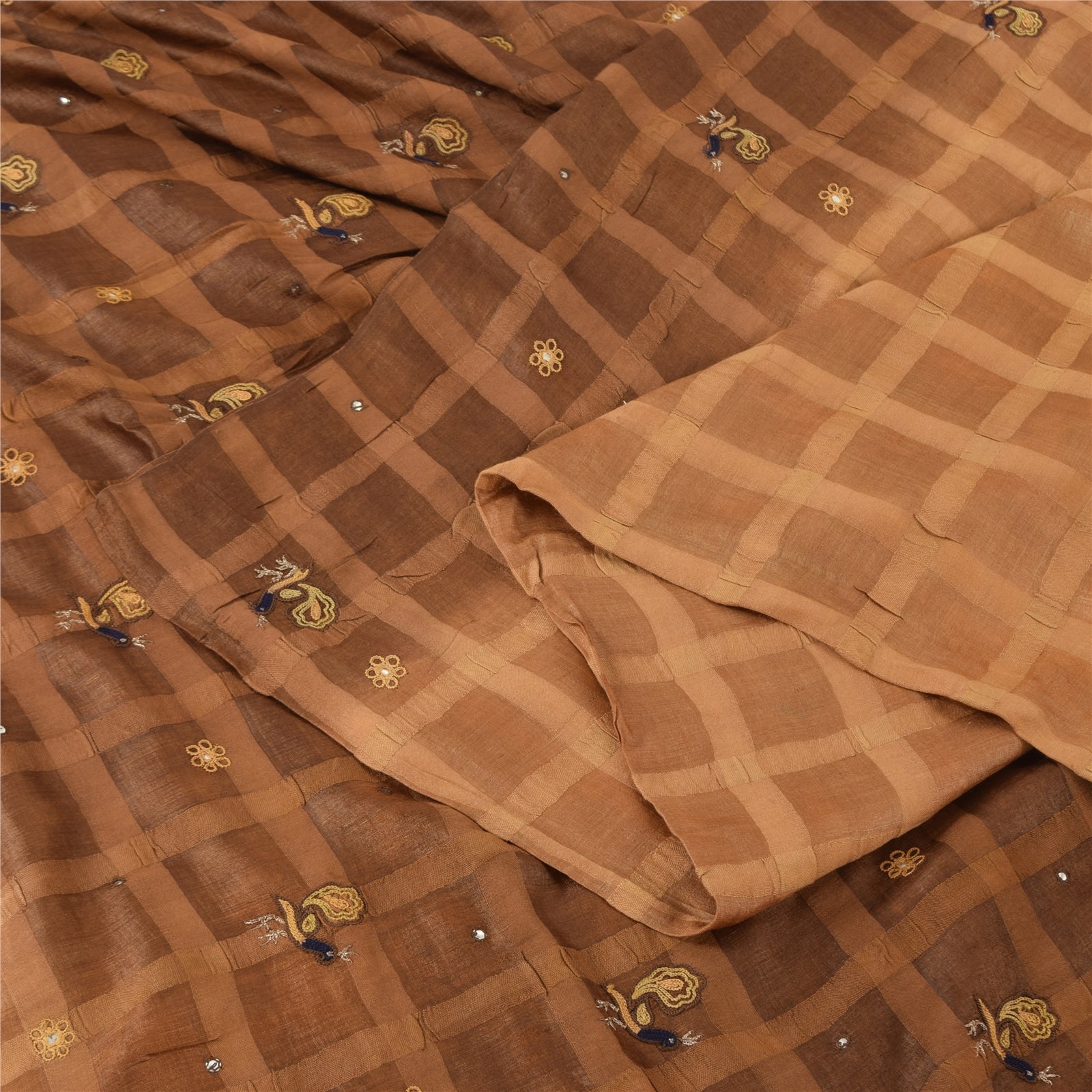 Sanskriti Vintage Indian Brown Sarees Pure Silk Hand Embroidered Sari 5yd Fabric