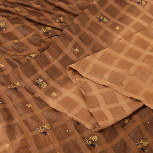 Sanskriti Vintage Indian Brown Sarees Pure Silk Hand Embroidered Sari 5yd Fabric