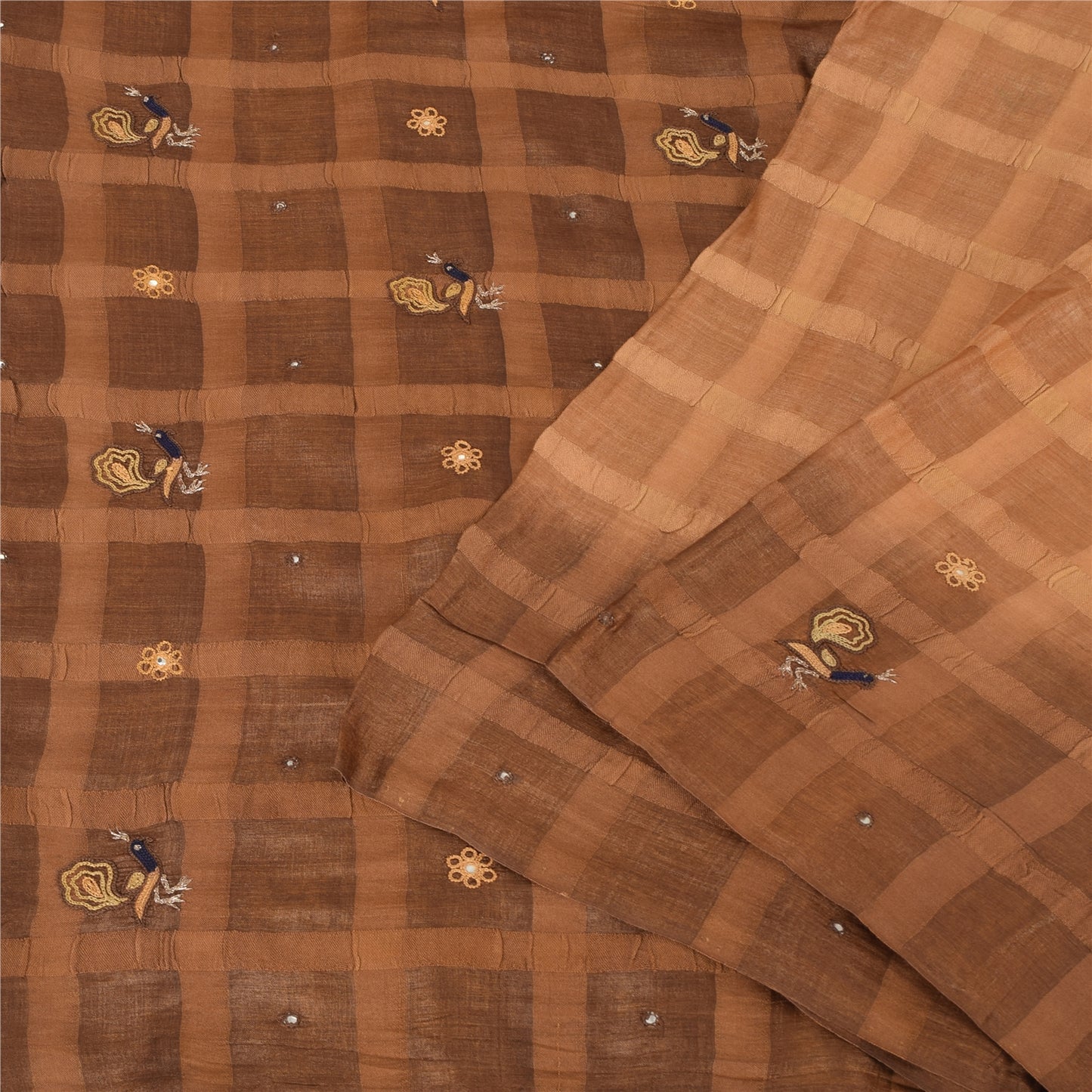 Sanskriti Vintage Indian Brown Sarees Pure Silk Hand Embroidered Sari 5yd Fabric