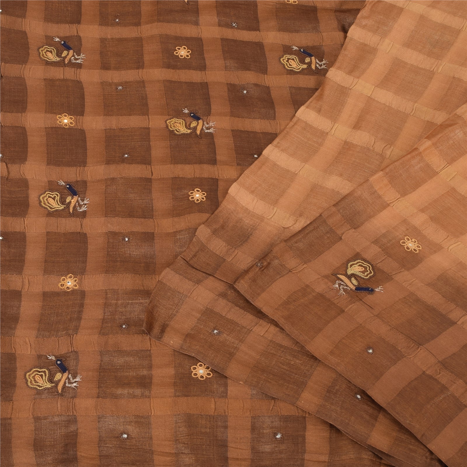 Sanskriti Vintage Indian Brown Sarees Pure Silk Hand Embroidered Sari 5yd Fabric