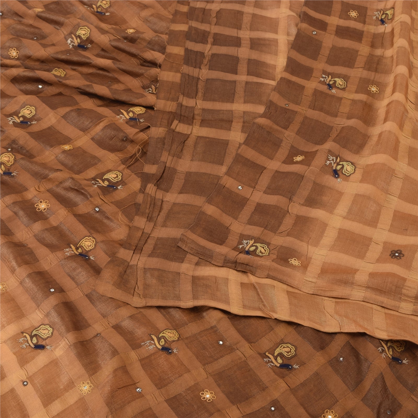 Sanskriti Vintage Indian Brown Sarees Pure Silk Hand Embroidered Sari 5yd Fabric